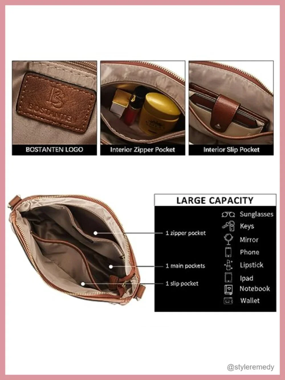 Vegan Leather Crossbody Bag with Adjustable Wide Strap, Multi Pockets,